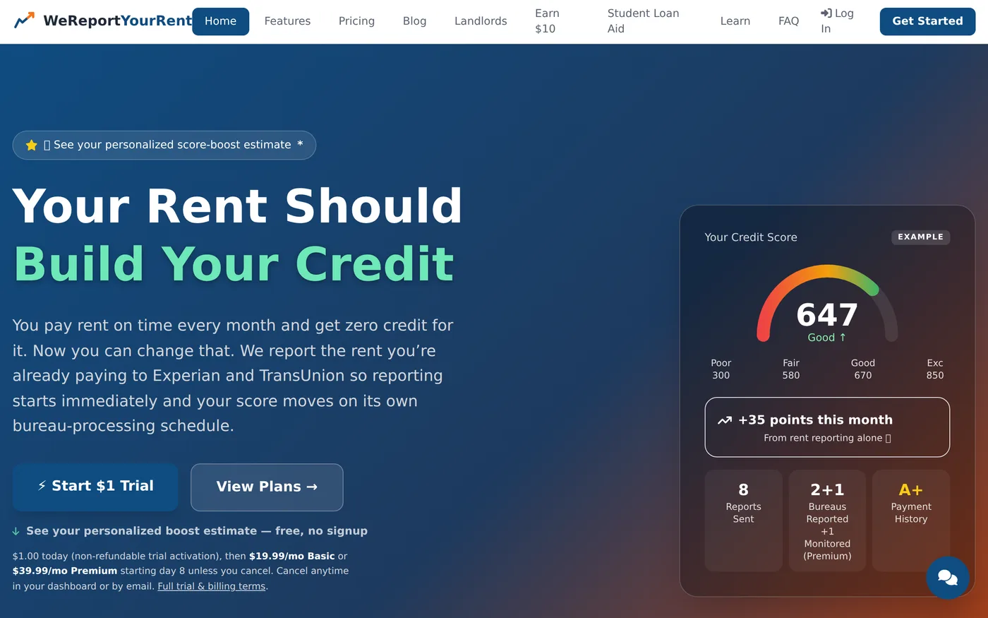 WeReportYourRent homepage — “Your rent should build your credit” with a live credit-score widget